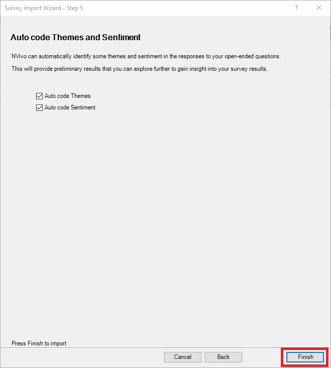 Survey Import Wizard Step 4 with Finish highlighted.