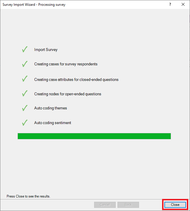 Survey Import Wizard processing window with close highlighted.