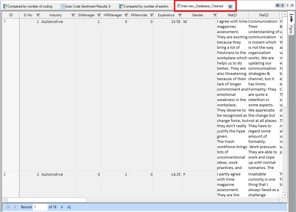 NVivo data tabs opened. The "Interview_Database_Cleaned" tab selected and highlighted.