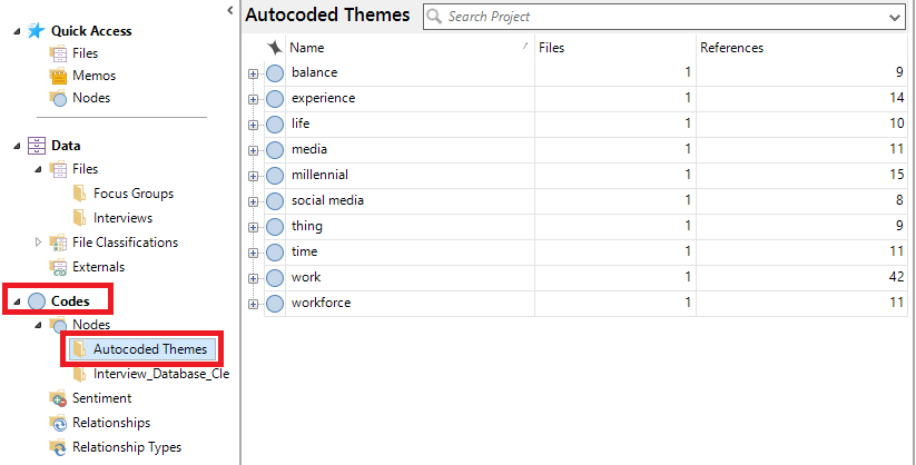 In the left menu, under codes, Nodes is expanded and autocoded Themes is selected and highlighted.