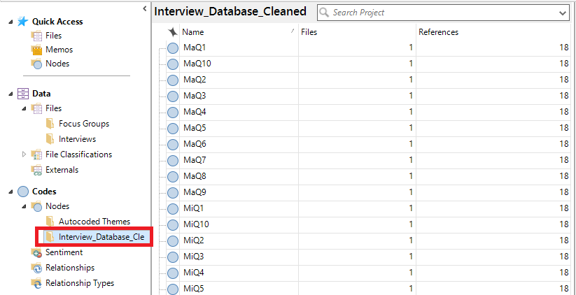 In the left menu, under codes, Nodes is expanded and Interview_Database_Cleaned is selected and highlighted.