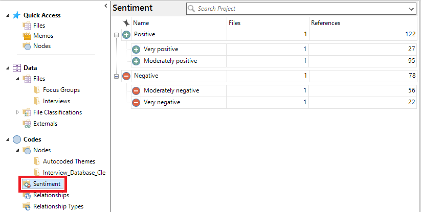 In the left menu, under codes, sentiment is selected and highlighted.
