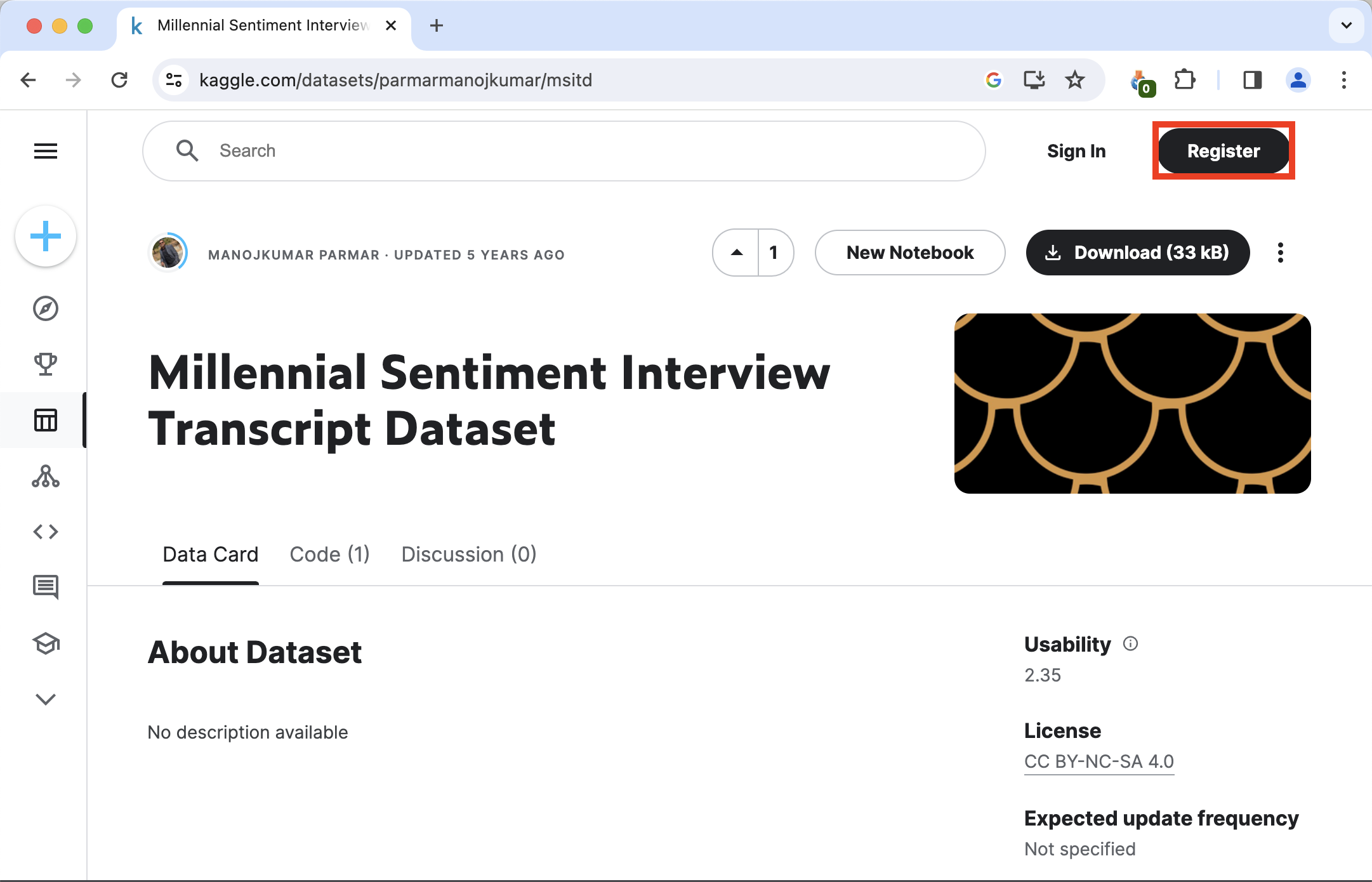 Kaggle page with Millennial Sentiment Interview Transcript Dataset. Register button in the top right highlighted.