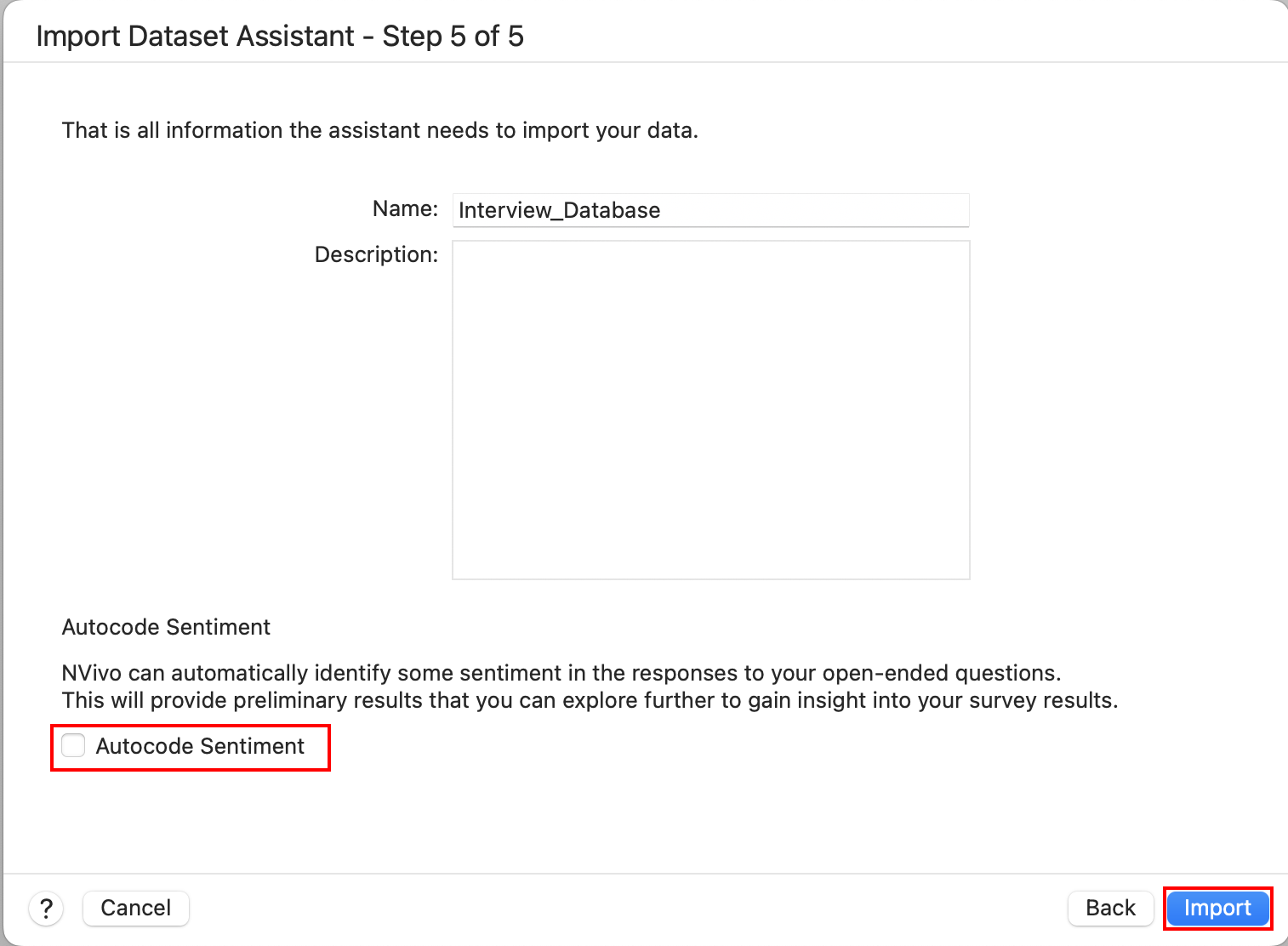 Import Dataset Assistant step 5 with Import highlighted.