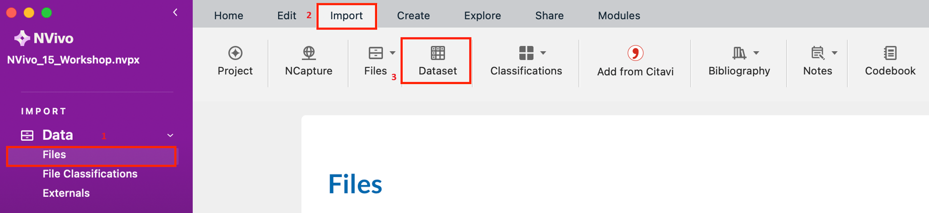 The Data menu is highlighted, along with Files, which is selected. Under the Import tab, Dataset is selected and highlighted. 