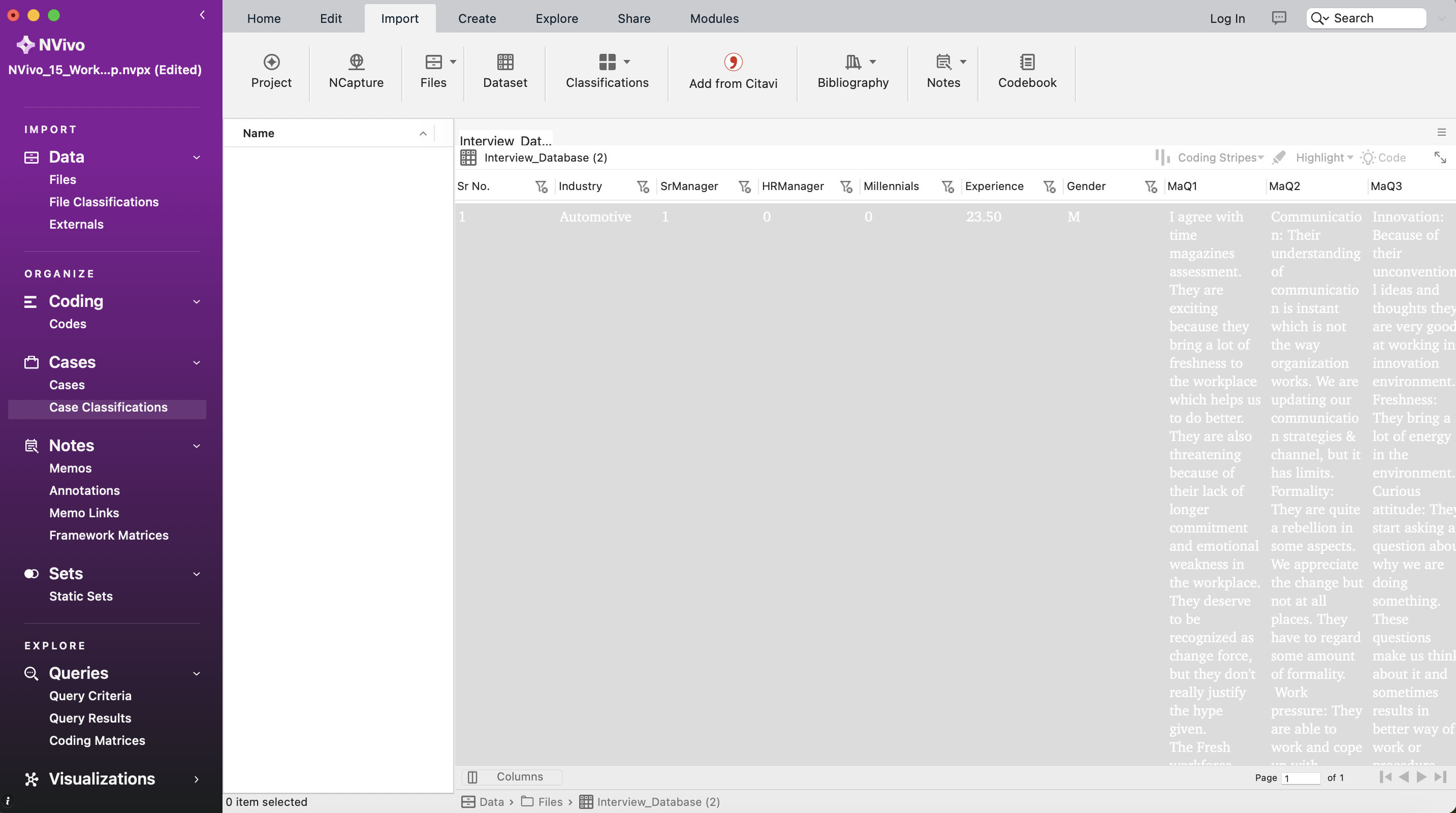 The imported "Interview_Database" file as a spreadsheet opened in NVivo.