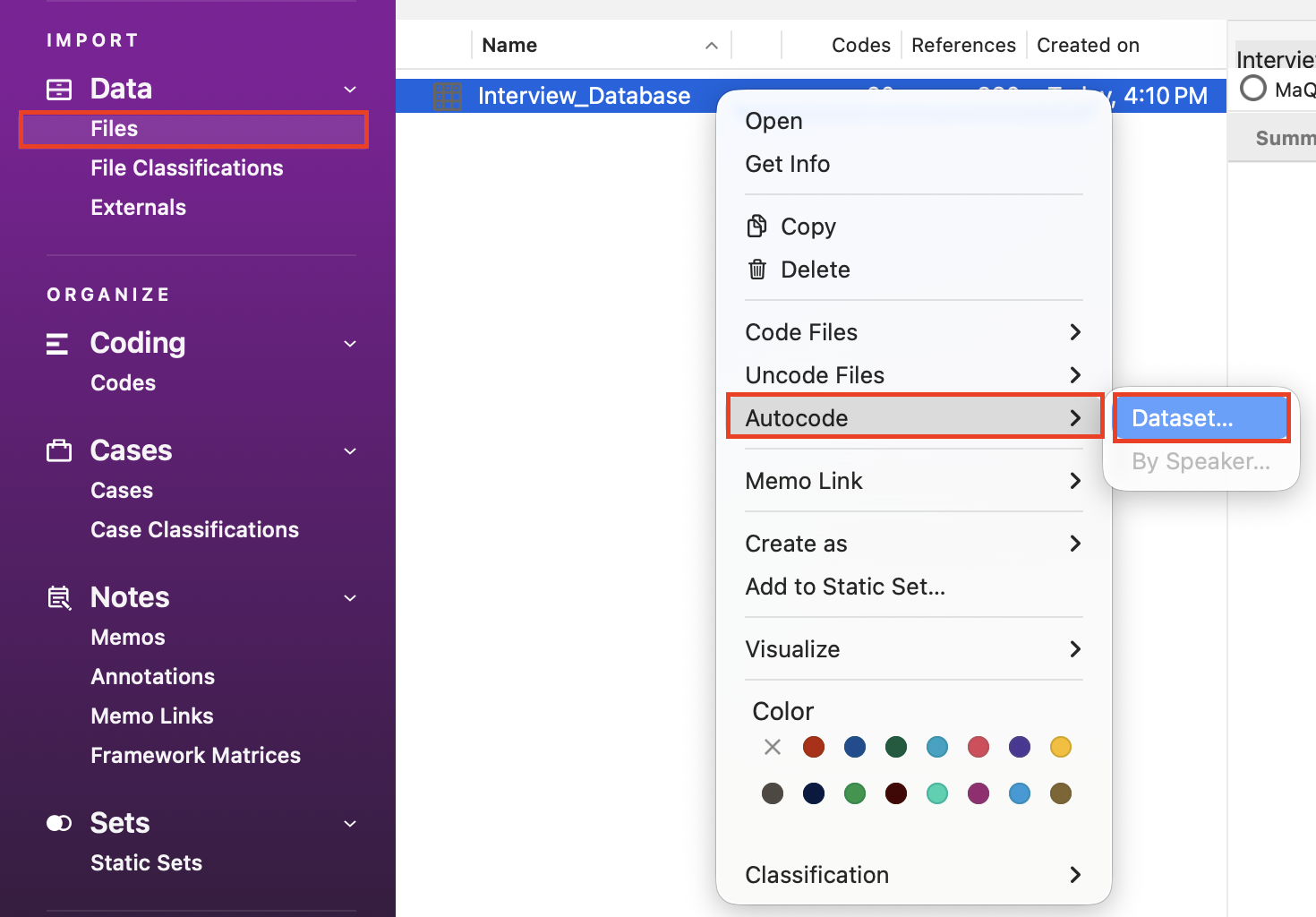 The files folder highlighted and opened with the context menu for "Interview_Database" opened. The Auto Code option highlighted a its menu open with Dataset... highlighted. 