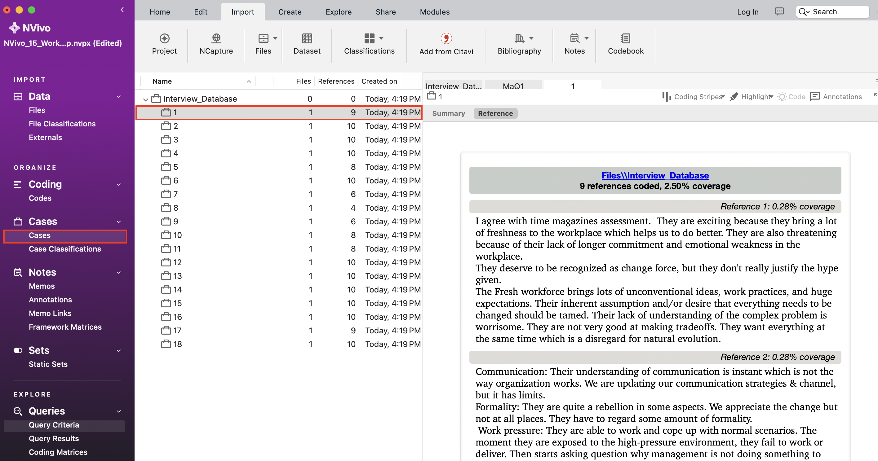 The Cases folder opened with "Interview_Database" expanded and one of the Codes opened.