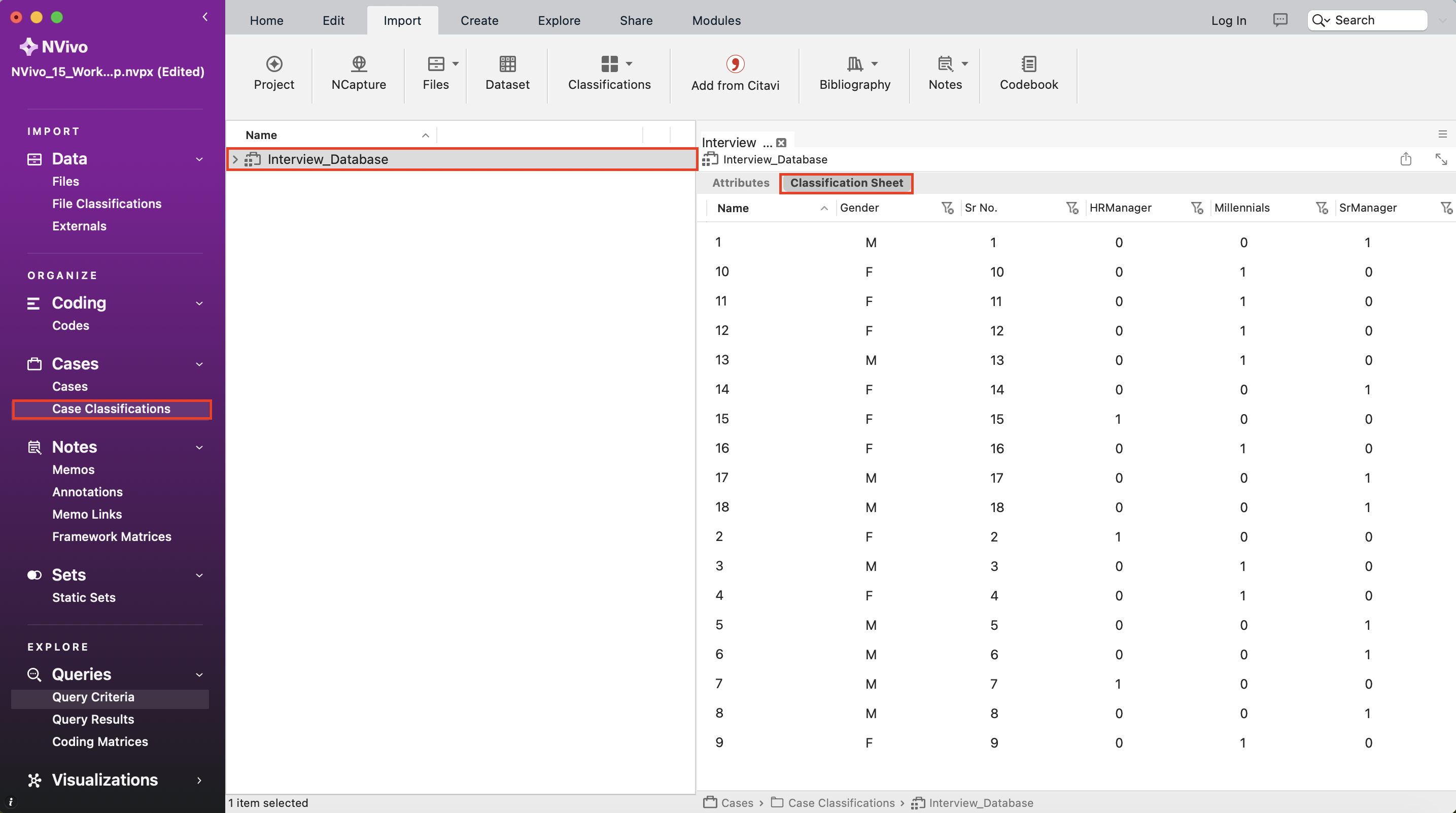 The Case Classification folder opened with "Interview_Database" open and the Classification Sheet tab selected. .