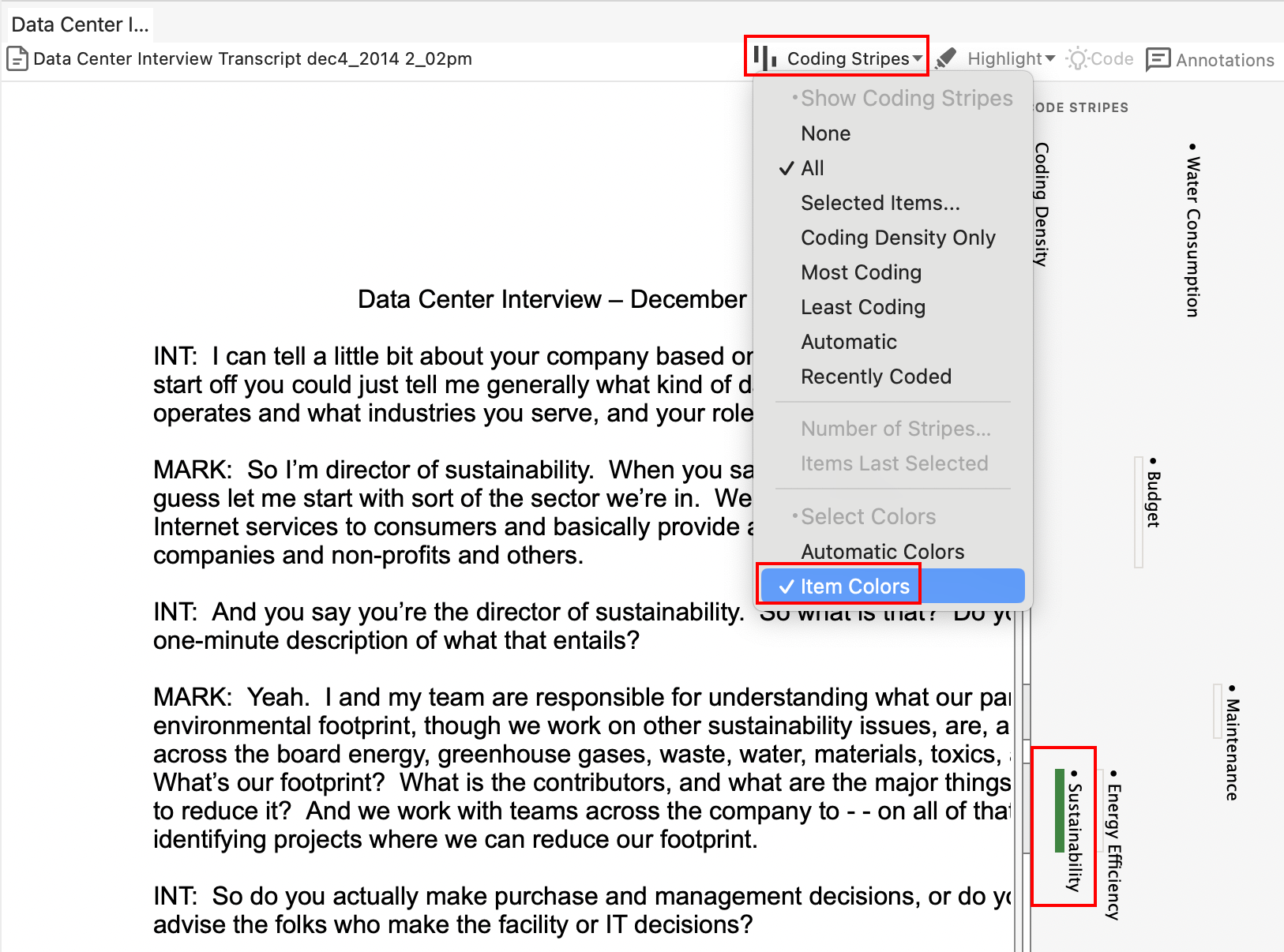 Red box around the coloured stripes along the right of the transcript text.