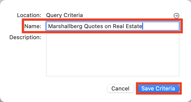 Save criteria window with the name field and Save Criteria highlighted.