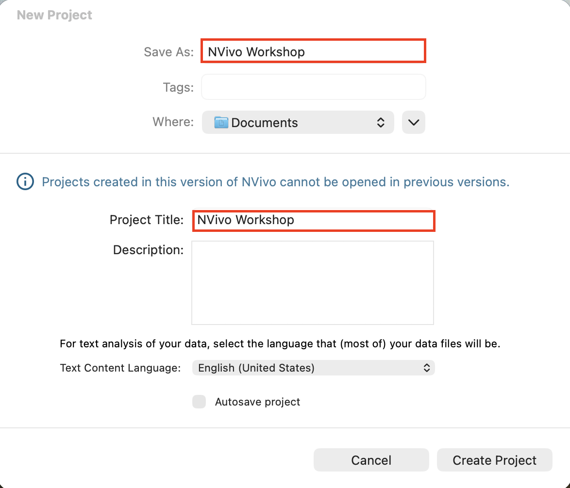 NVivo New Project pop up. The project is titled as: NVivo workshop