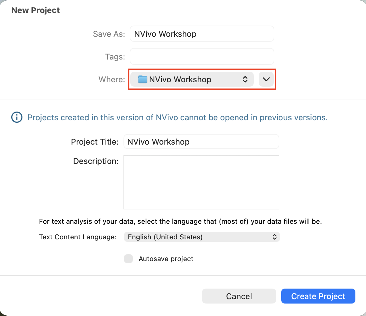 NVIVO pop-up selecting NVivo Workshop as the location for the file.