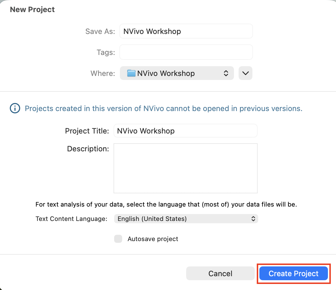 NVivo Pop up with Create Project selected