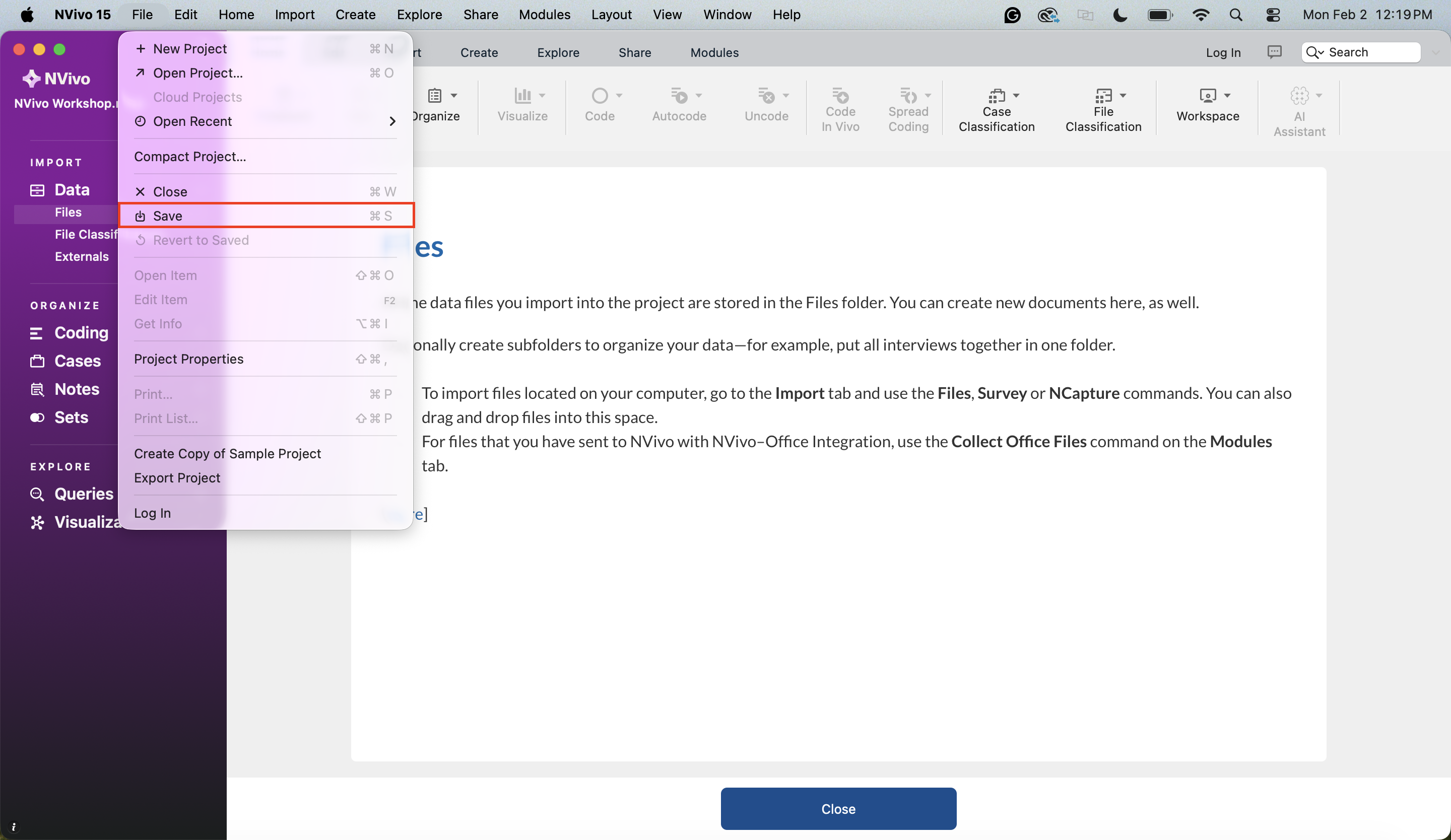 Under file, Save is selected 