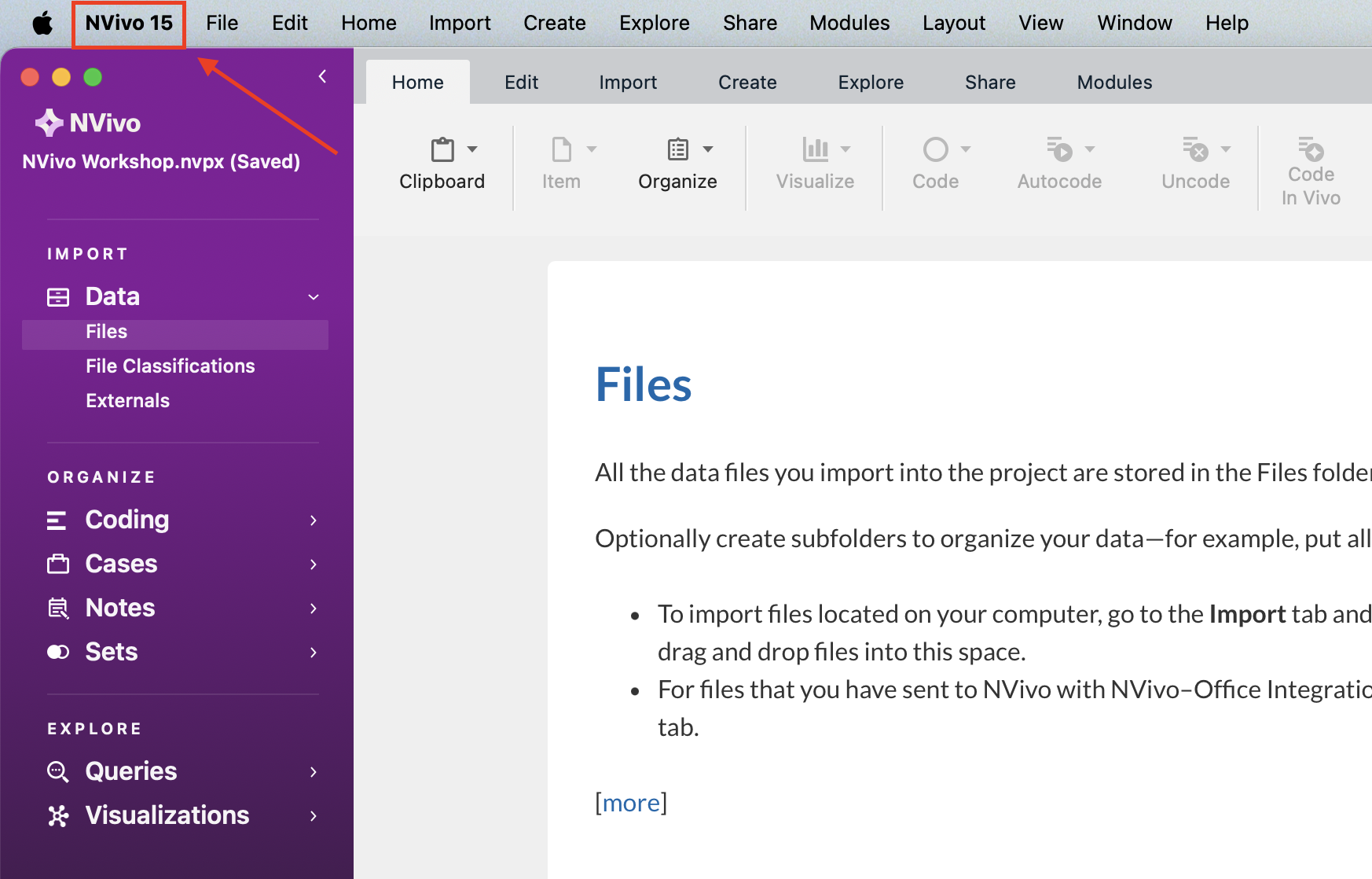 In the top menu bar, NVivo is selected
