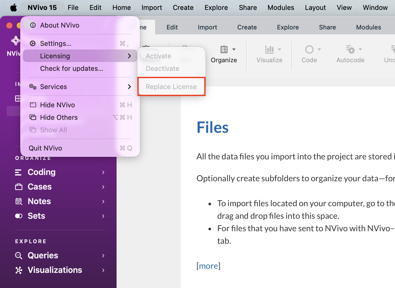 Under the NVivo tab, Licensing and Replace license are selected 