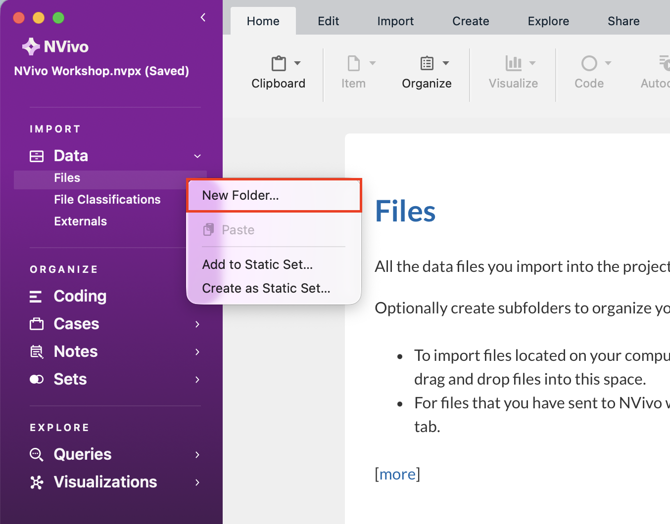 Under Data, files is selected. From there, New Folder is selected