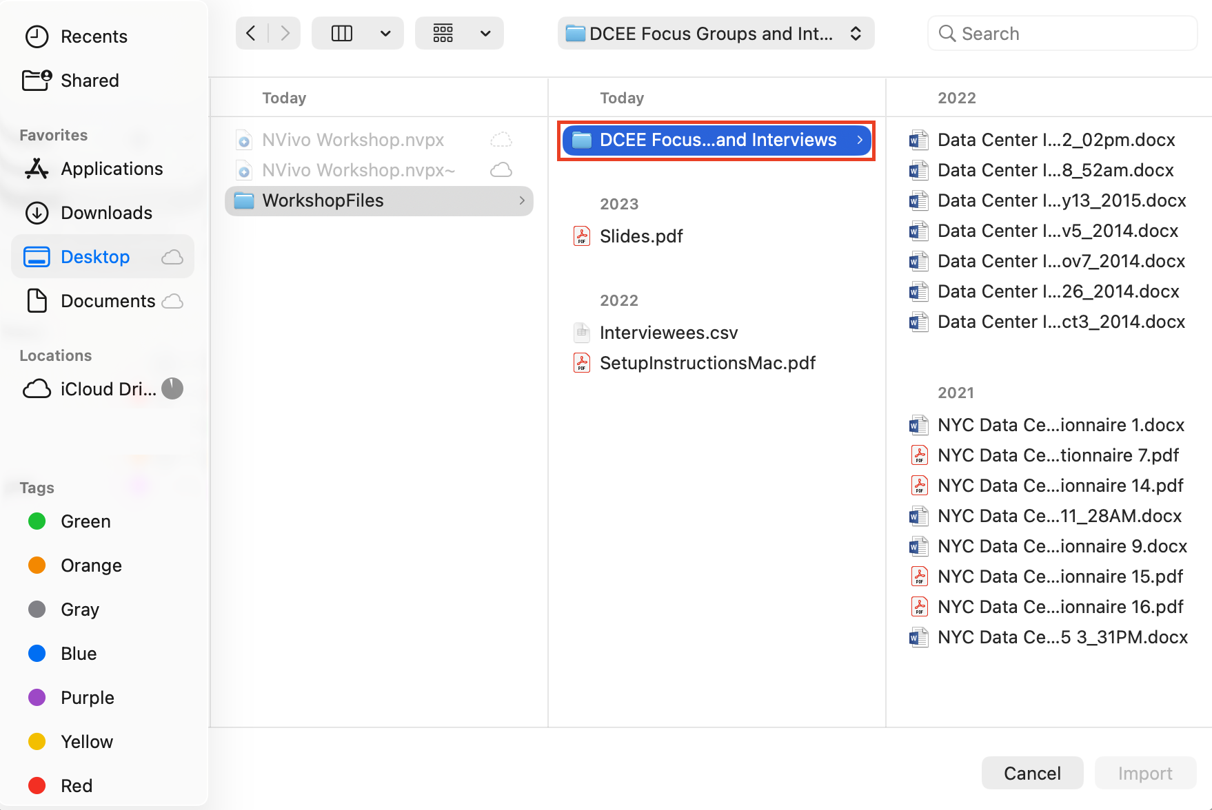 Import Documents window at the workshop folder, with the DCEE Focus Groups and Interviews folder highlighted.