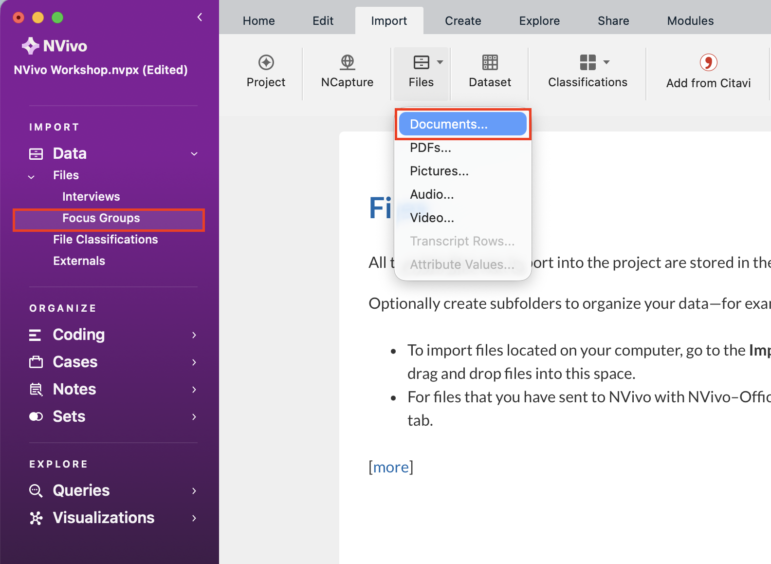 Under Data, Focus Groups are selected. Under the Import tab, Files and then Documents is selected.