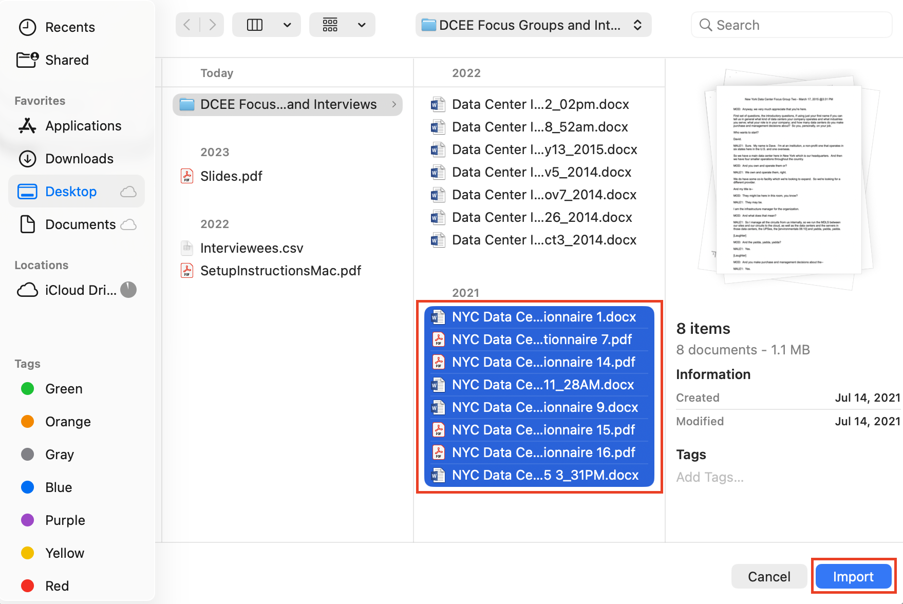 Import Documents window at the DCEE Focus Groups and Interviews folder, all NYC Data Center files highlighted and selected. Red box around the Import button.