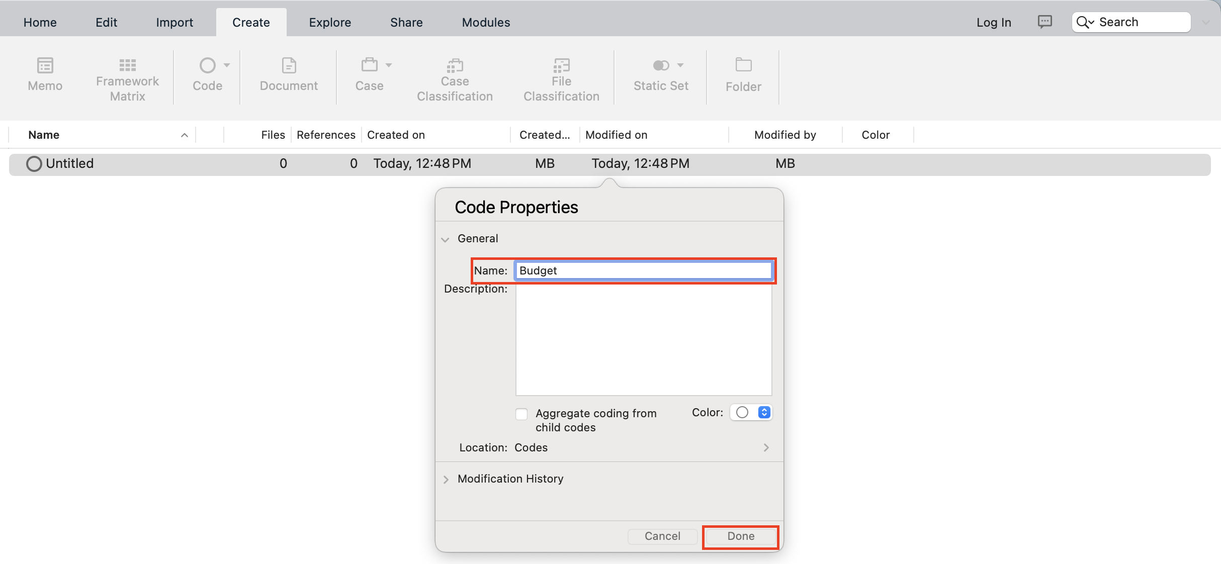 In the code properties pop-up, Budget is the title and done is selected 