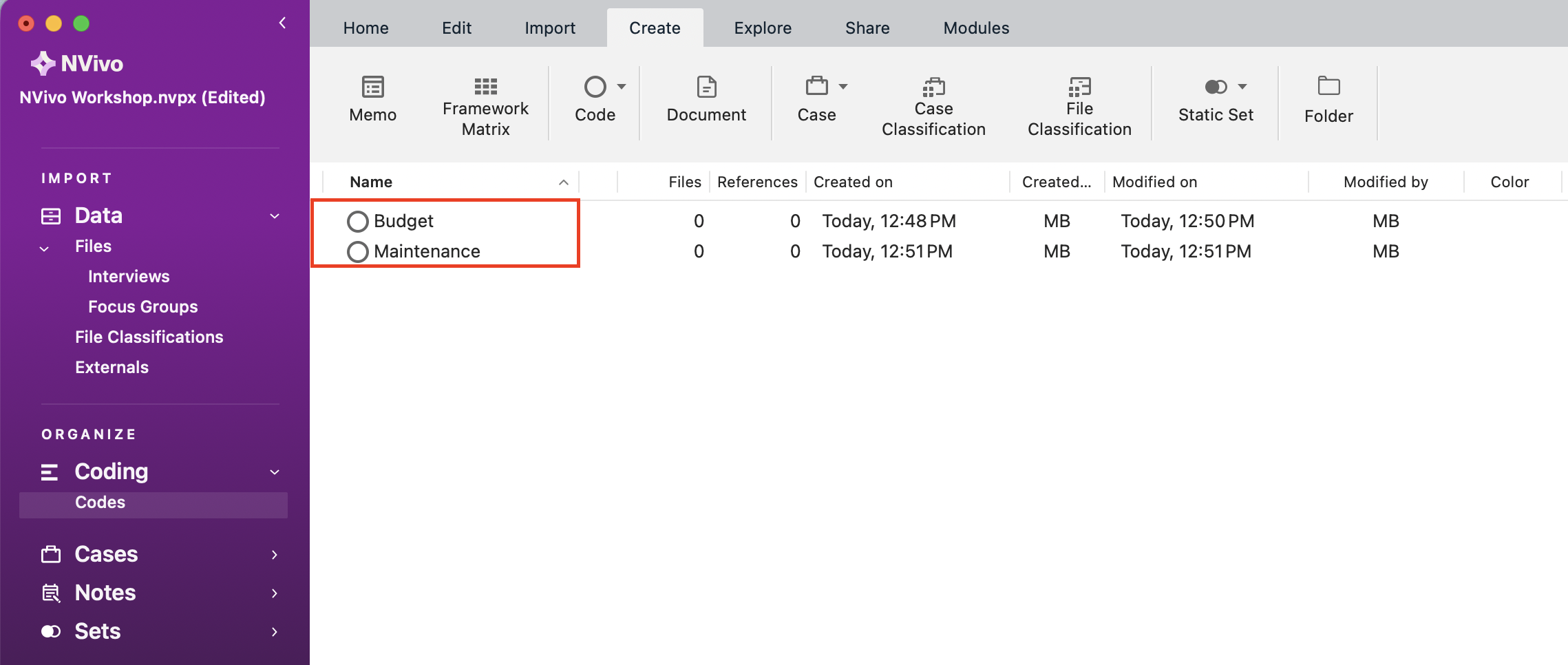 Under the Codes section, there are two codes, Budget and Maintenance