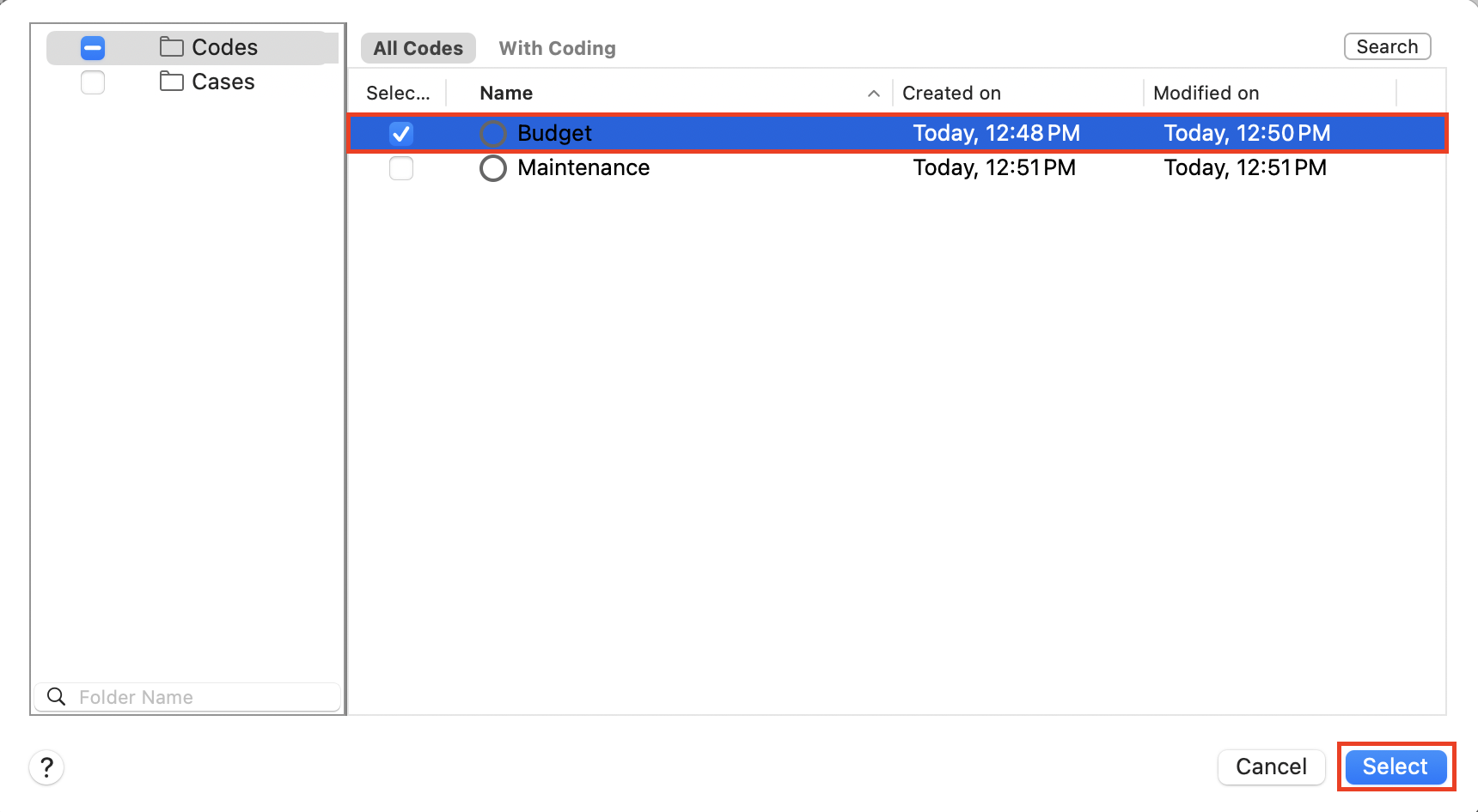 New code window with the budget node selected