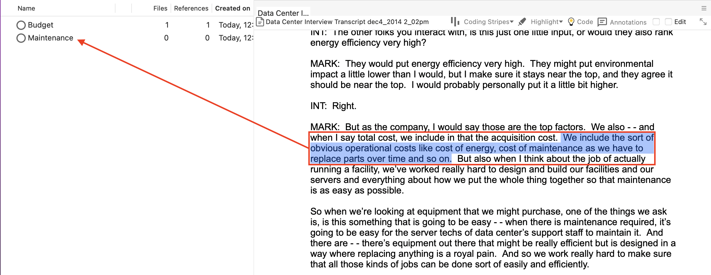 Some interview text selected, with with a rex box around it and an arrow pointing to the Maintenance code.