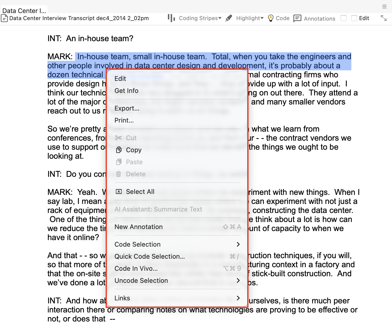 Some interview text selected, with an open context menu highlighted.