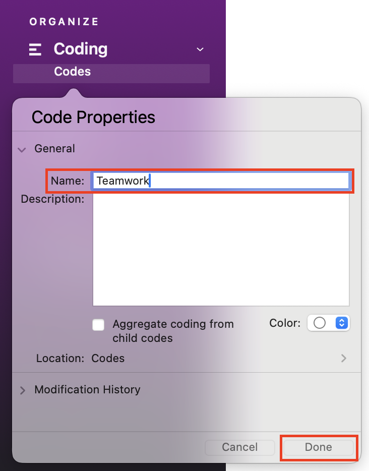 Code properties with the Name field completed with Teamwork and Done highlighted. 