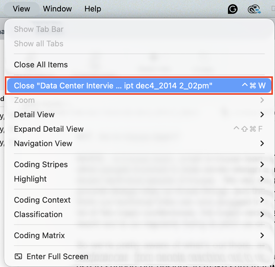 In the view drop-down menu, Close "[File name]" is selected.