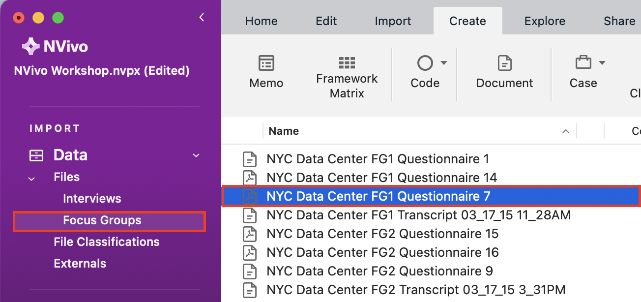 Left menu with a red box around Focus Groups, Questionnaire 7 highlighted.