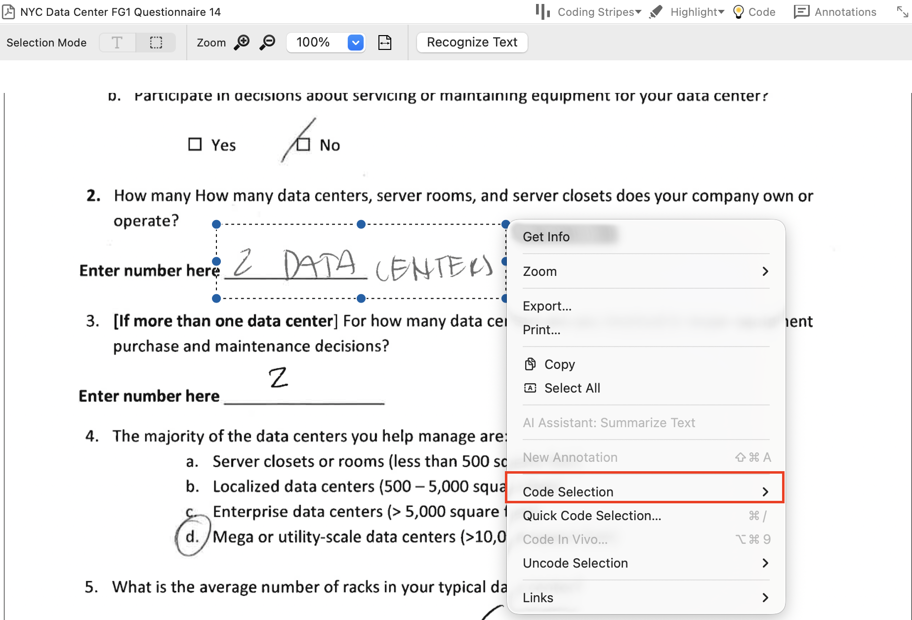 A section of the questionnaire that has been selected. Context menu has the code option selected.