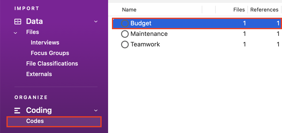 In the Codes list a red box around the Budget Code