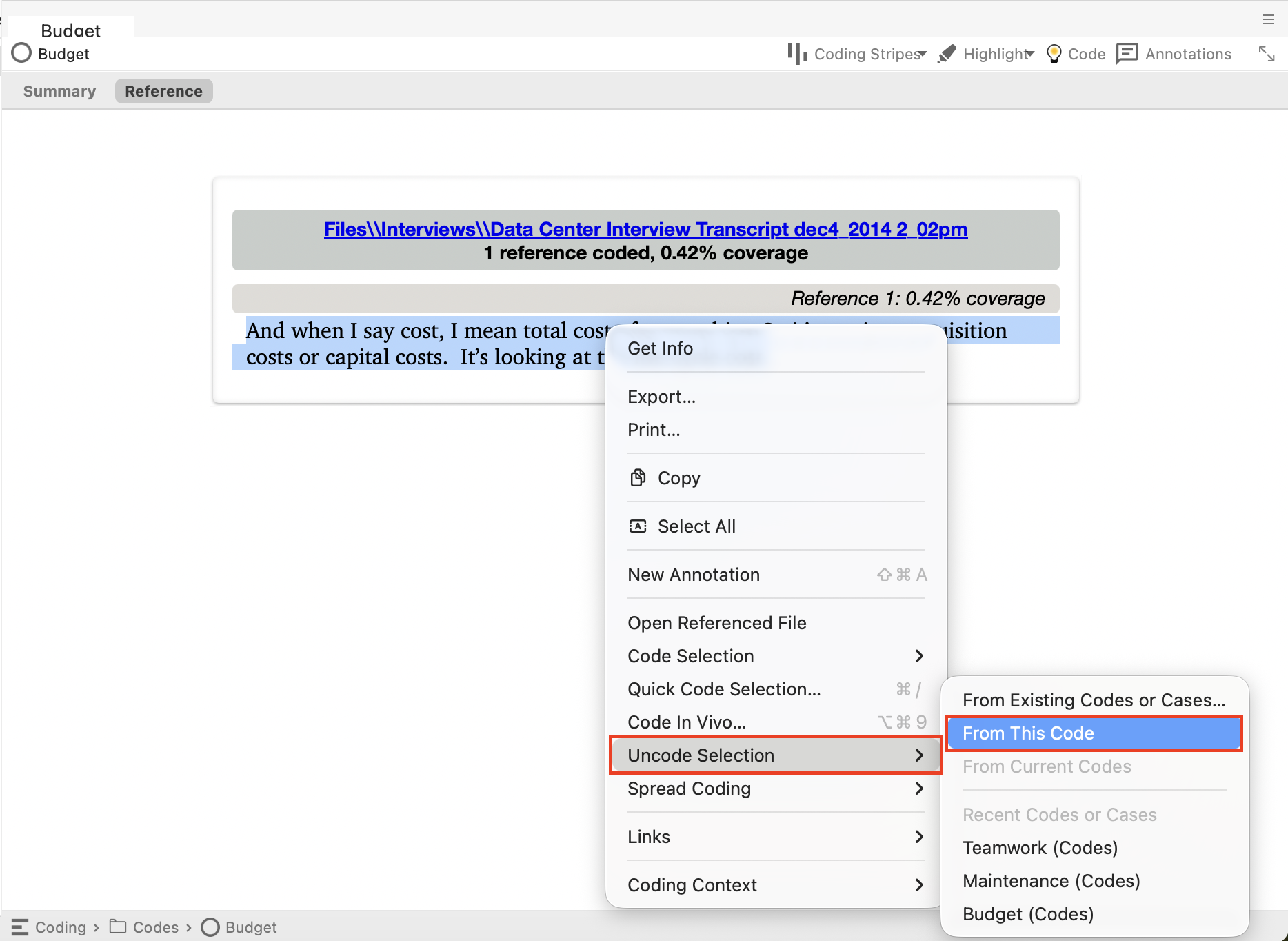Context menu for the coded text with Uncode Selection selected and From This Code highlighted.
