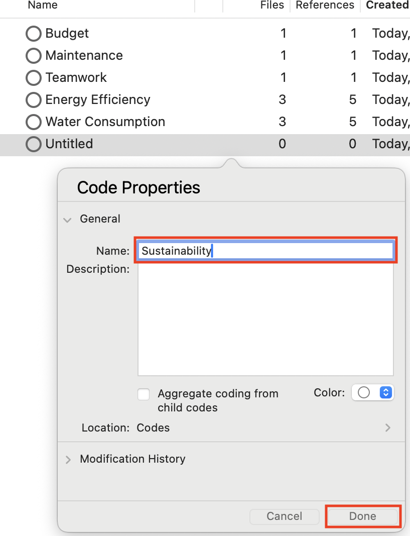 Code properties for a new code with the name field completed with Sustainability and Done highlighted.