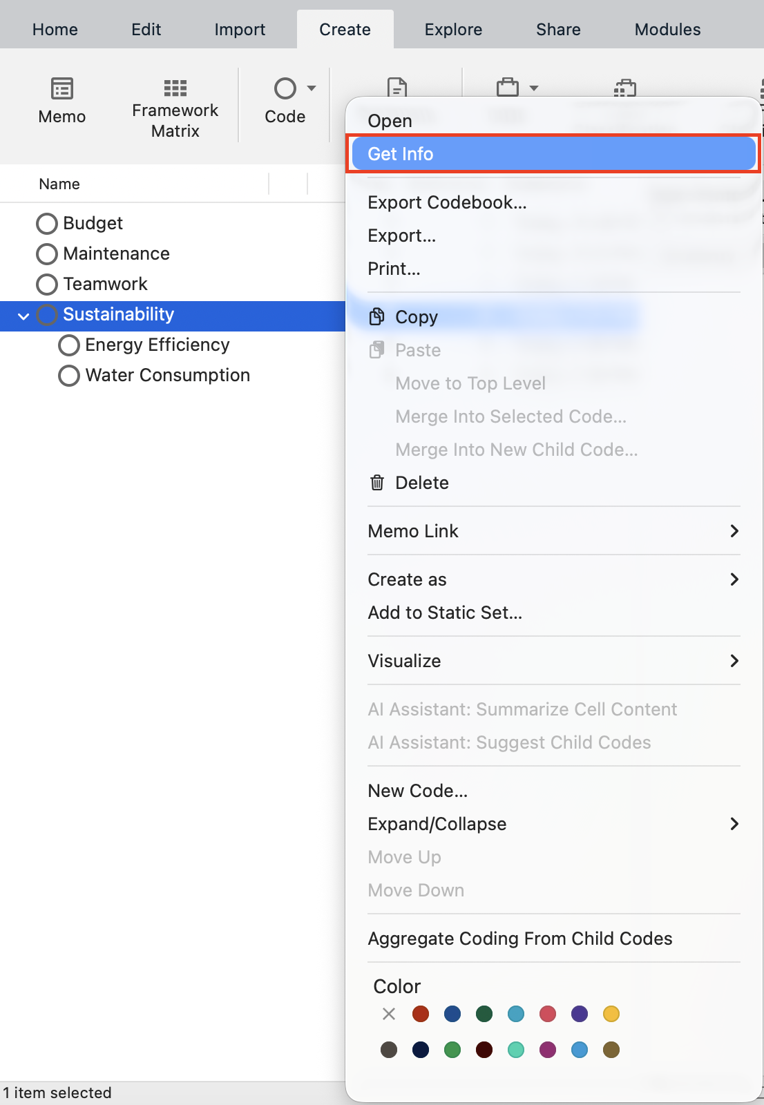 Context menu for the Sustainability code with a red box around get Info.