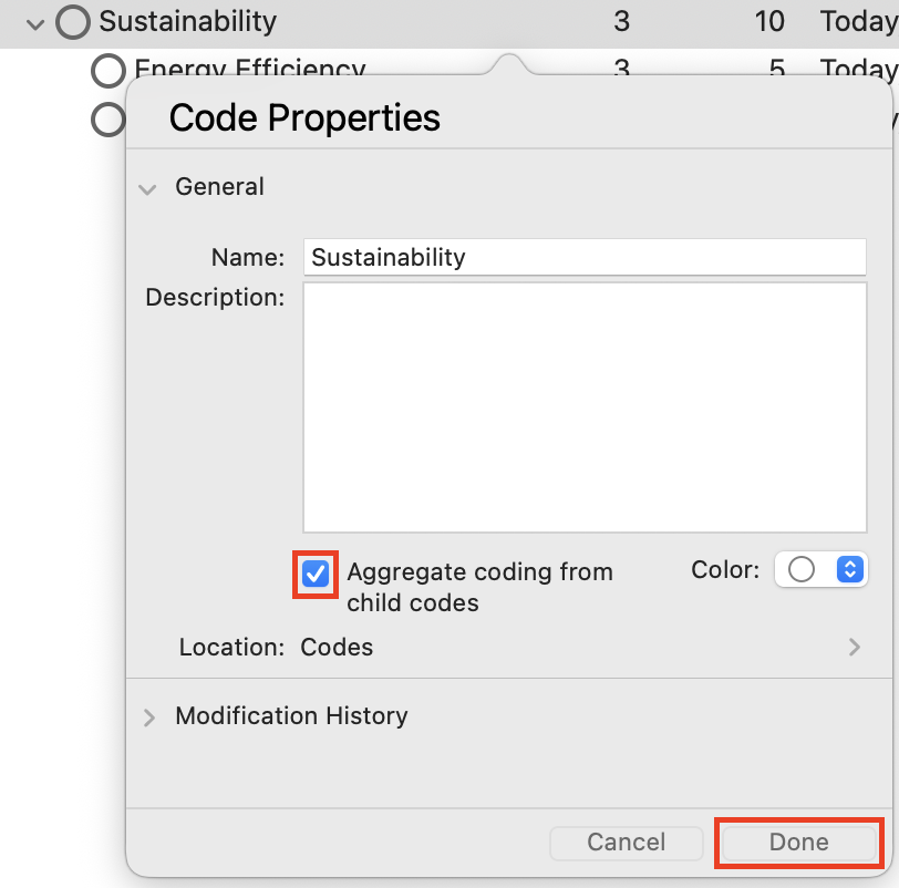 Code properties for the Sustainability Code, with Aggregate coding for children box outlined and checked.