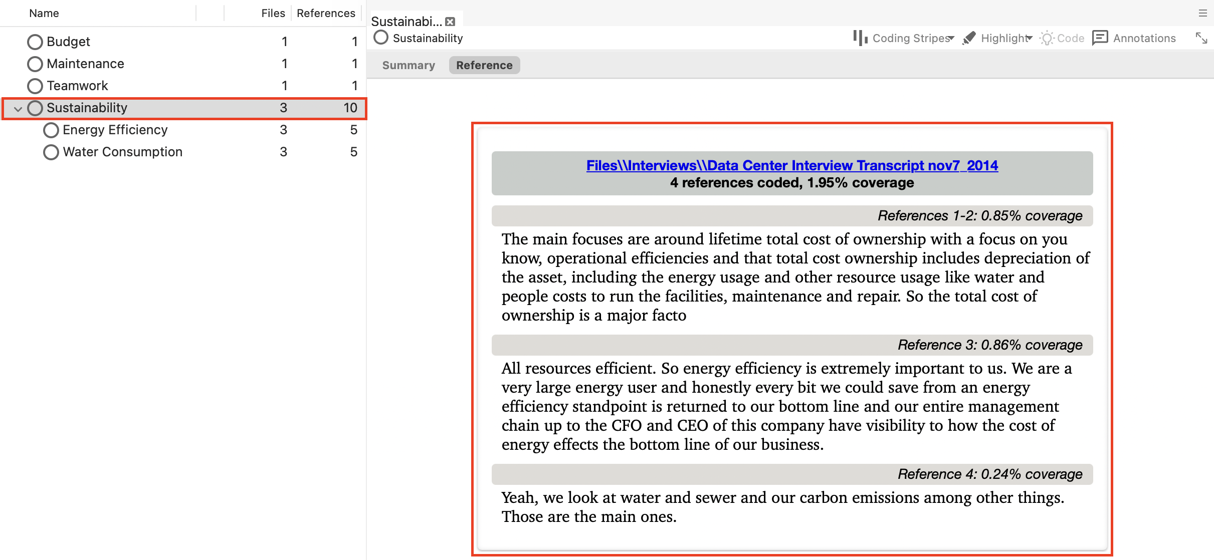 The Sustainability code opened, with all the references from child codes visible.