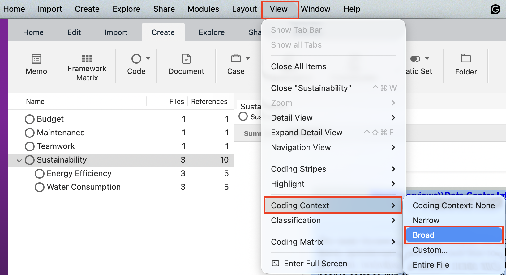 View menu drop down is selected, followed by coding context and broad