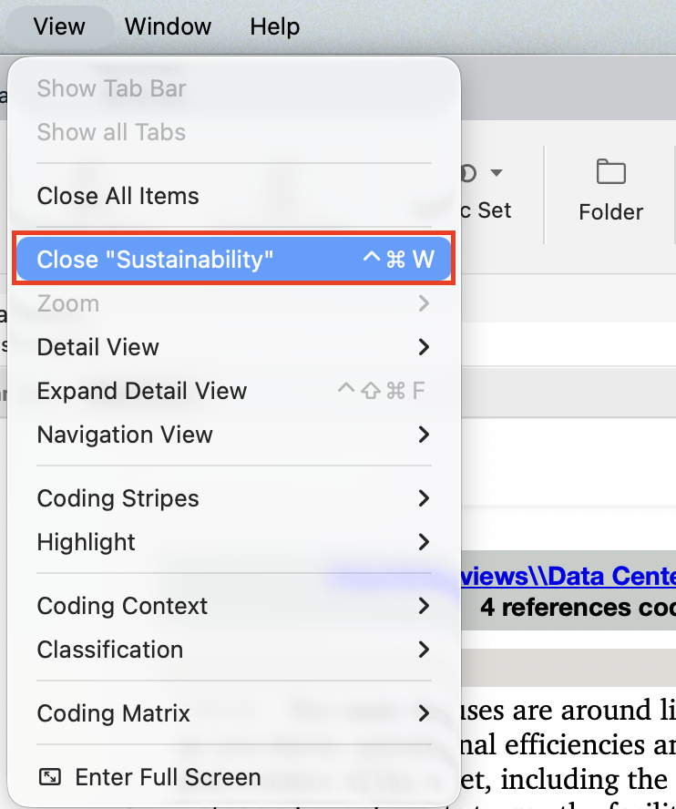 Within the view tab from the mac menu bar, Close Sustainability is selected.