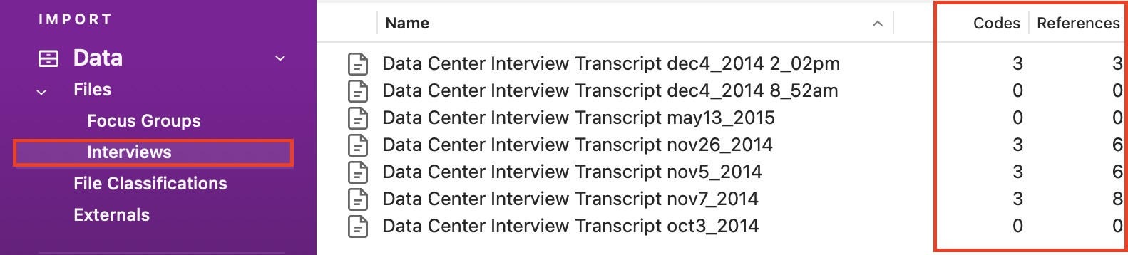 In the interviews folder, the codes and references columns are outlined.