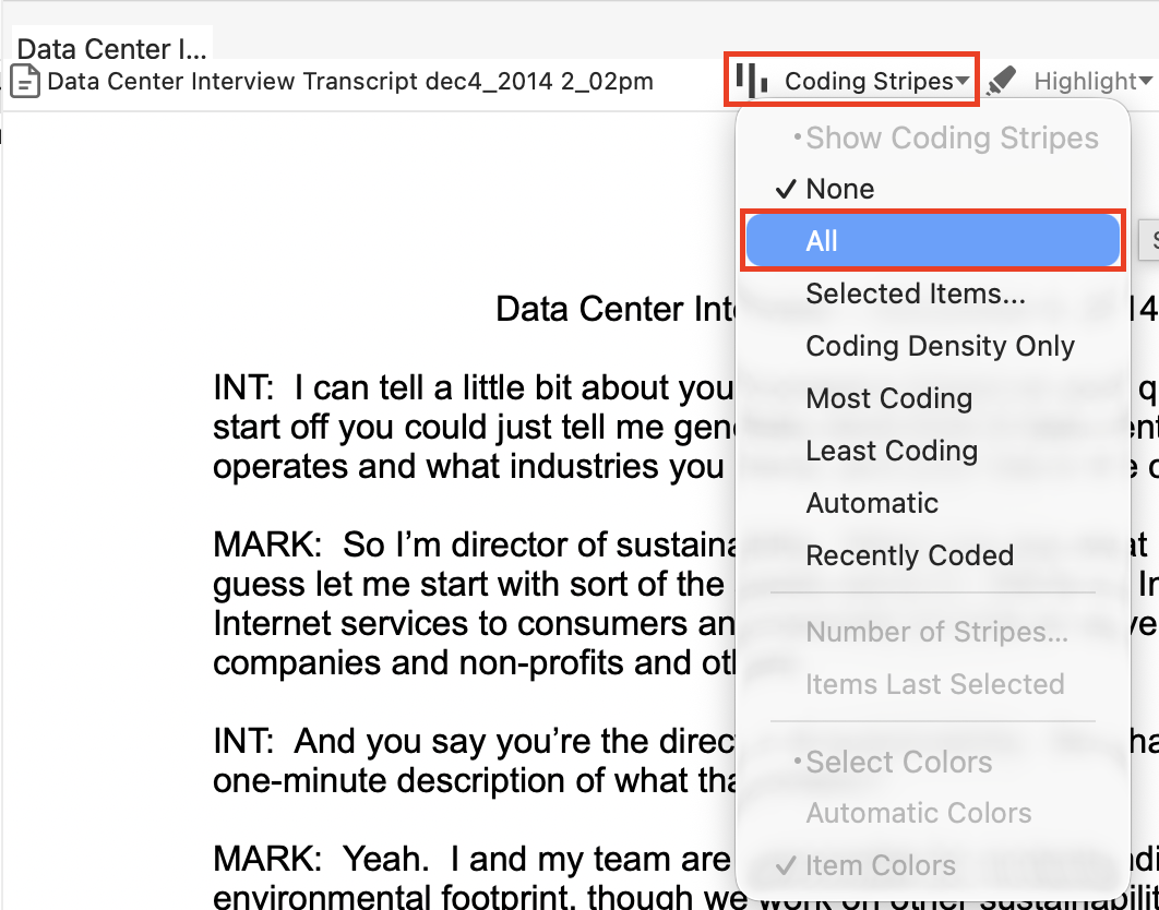 Under the selected file, Coding stripes and All are selected.