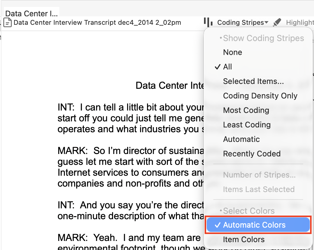 Automatic Colors option from the Coding Stripes menu is highlighted.