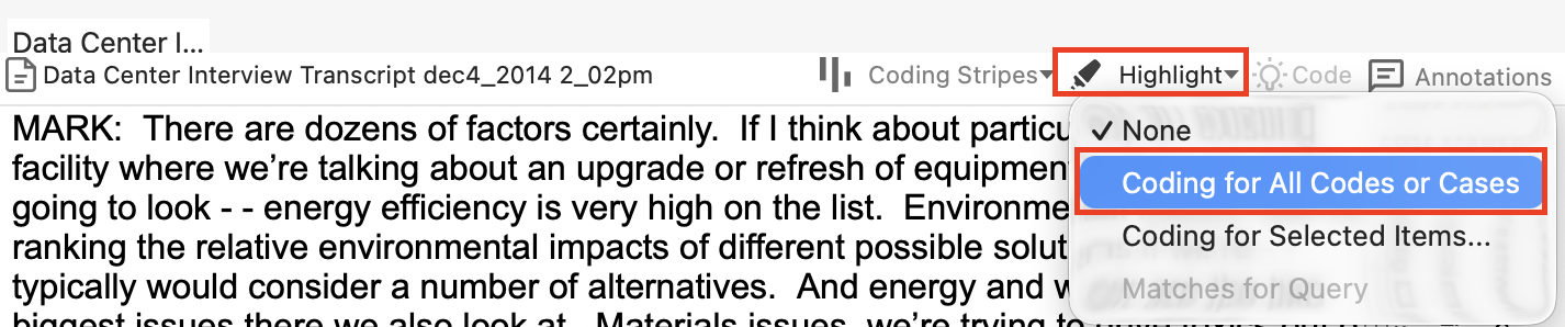 Under the selected document, Highlight and Coding for All Codes or Cases is selected.