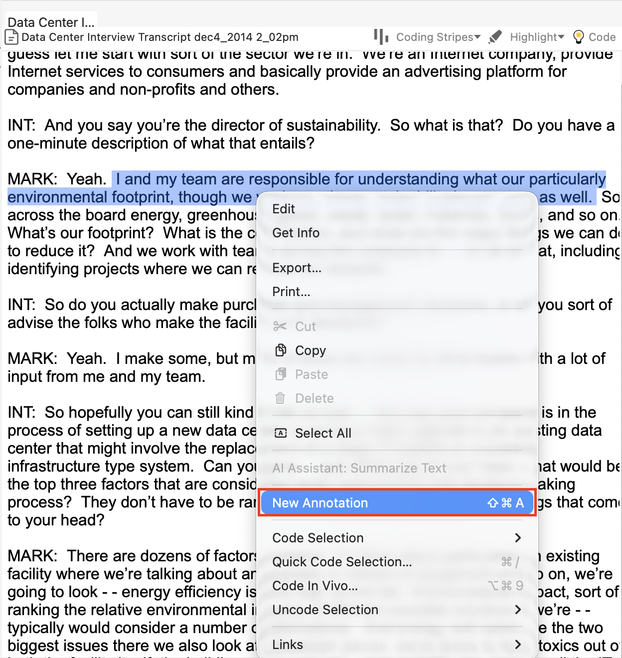 Some interview text selected, with an open context menu and a red box around New Annotation.