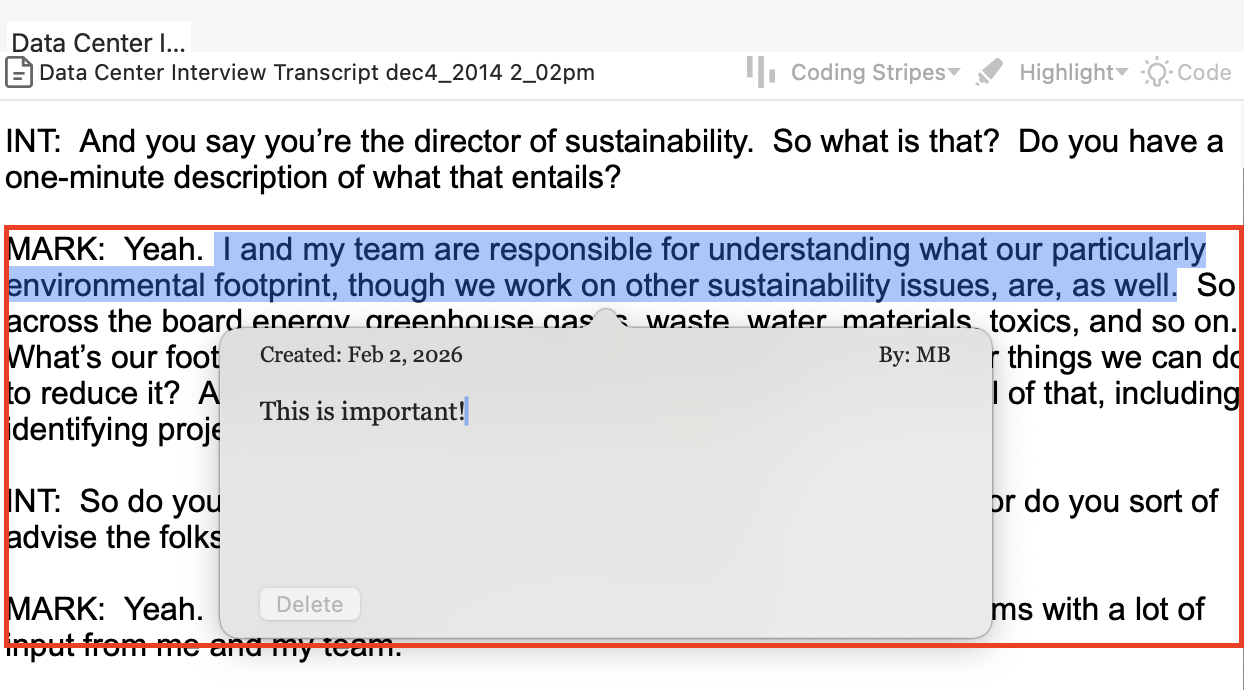 Interview text with a annotated text highlighted and below a window with the annotation outlined in red.
