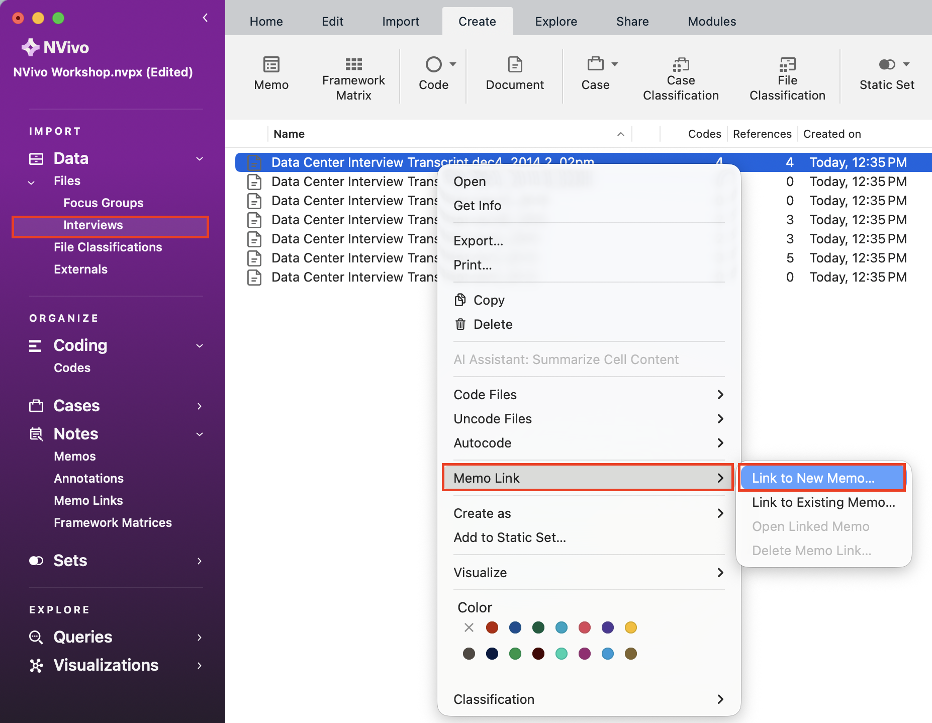Context menu for an interview with the Memo link side pop-up menu open and Link to New Memo... outlined in red.