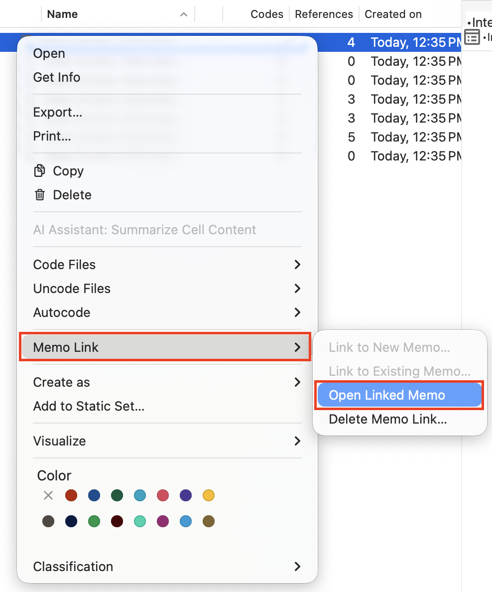 Context menu for an interview with the Memo link side pop-up menu open and Open Linked Memo outlined in red.